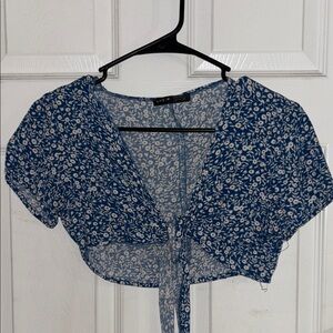 SHEIN Blue and White Puff Sleeve Sailor Collar Blouse